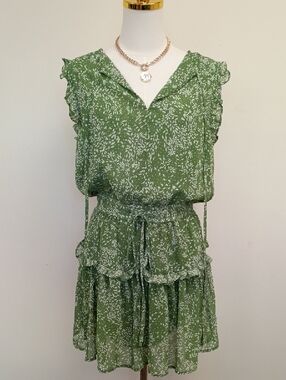 Pinch Floral Mini Dress Ruffle Smocked Waist Olive Green Size S